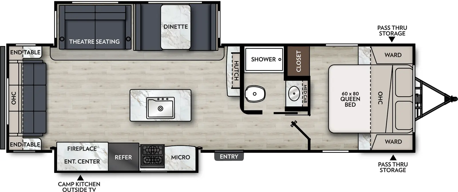 The 293RLDS has two slide outs, one on the off-door side and one on the door side, and one entry door on the door side. Interior layout from front to back: front bedroom with foot facing queen bed, overhead cabinet, wardrobes on either side of the bed, and closet on off-door side; off door side side aisle bathroom; hutch with overhead cabinet on off-door side. off-door side slide out containing dinette and theater seating; kitchen island with sink; door side slide out with kitchen containing microwave, cook top stove, refrigerator and entertainment center with fireplace; and sofa at the rear with overhead cabinet and two end tables; exterior camp kitchen w/ outside TV towards the rear.